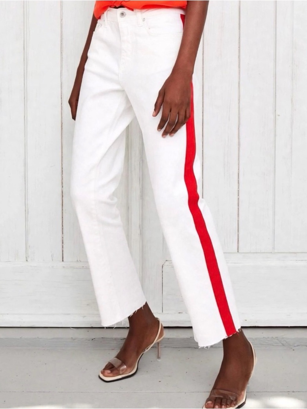 Zara White Cropped Pants with Red Side Stripe